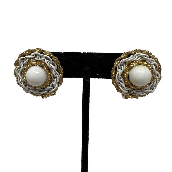 Vintage Clip On Earrings Gold Tone Rope‎ Wrap White Beads and Chain Button - Picture 1 of 9